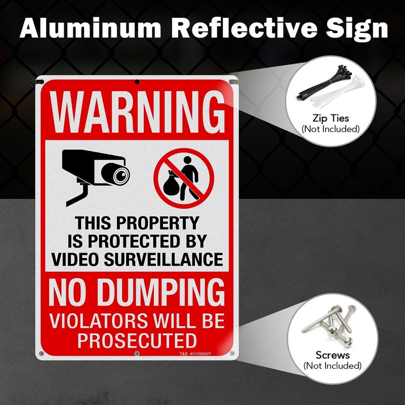 TR Large No Dumping Sign, Property Protected By Video Surveillance Sign, 14" x 10" Rust Free .040 Aluminum Reflective, Weather Resistant, Waterproof, Fade Resistant, 6 Pre-drilled Holes - 4 Pack - Image 5